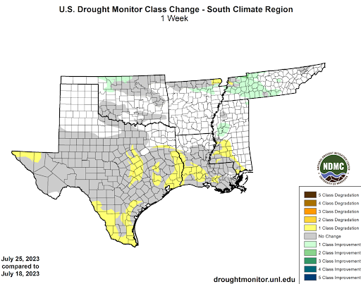 U.S Drought Monitor Class Change Map for Southern Climate Region, Valid July 25th