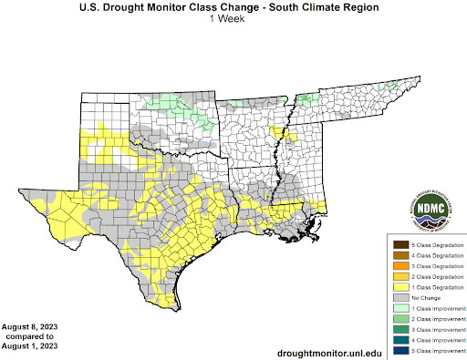 U.S Drought Monitor Class Change Map for Southern Climate Region, Valid August 8th