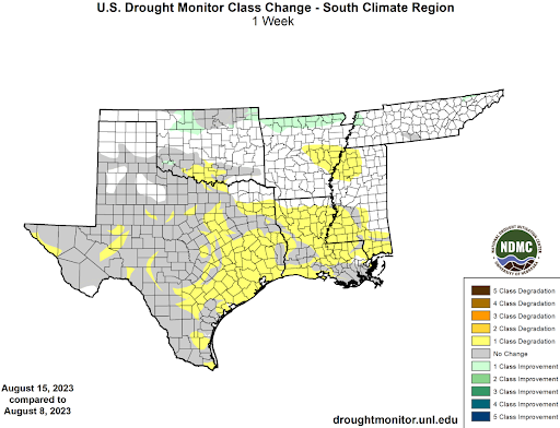 U.S Drought Monitor Class Change Map for Southern Climate Region, Valid August 15th