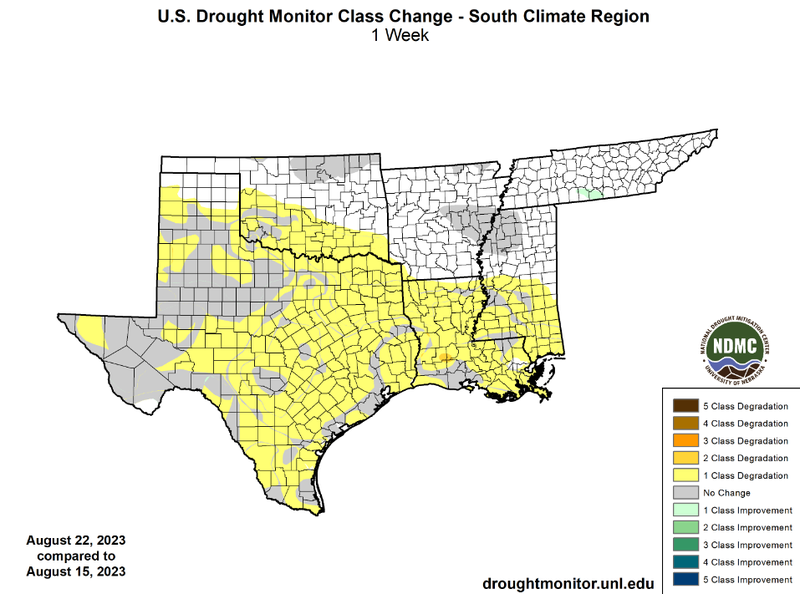 U.S Drought Monitor Class Change Map for Southern Climate Region, Valid August 22nd