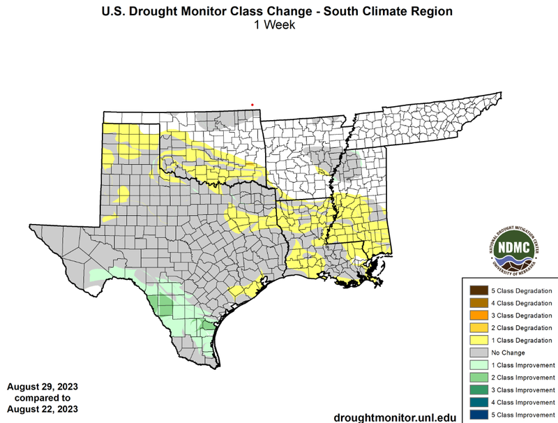 U.S Drought Monitor Class Change Map for Southern Climate Region, Valid August 29th