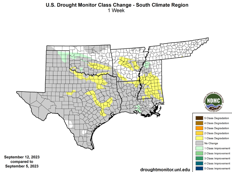 U.S Drought Monitor Class Change Map for Southern Climate Region, Valid September 12th