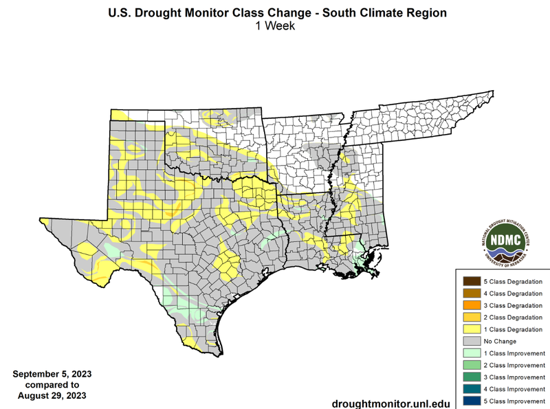U.S Drought Monitor Class Change Map for Southern Climate Region, Valid September 5th