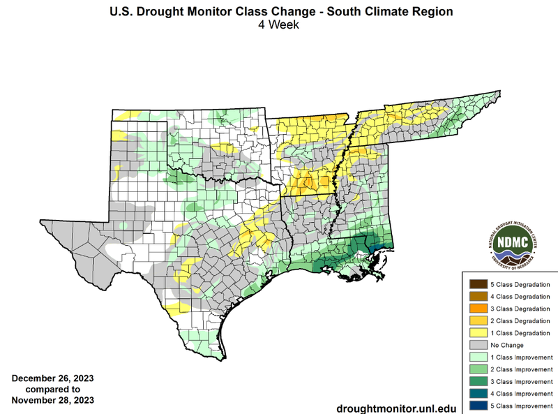 U.S Drought Monitor Class Change Map for December, Southern Climate Region