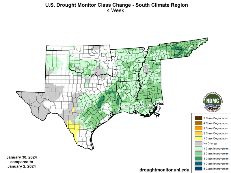U.S Drought Monitor Class Change Map for January, Southern Climate Region