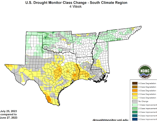 U.S Drought Monitor Class Change Map for July, Southern Climate Region