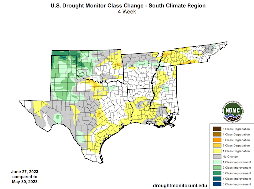 U.S Drought Monitor Class Change Map for June, Southern Climate Region