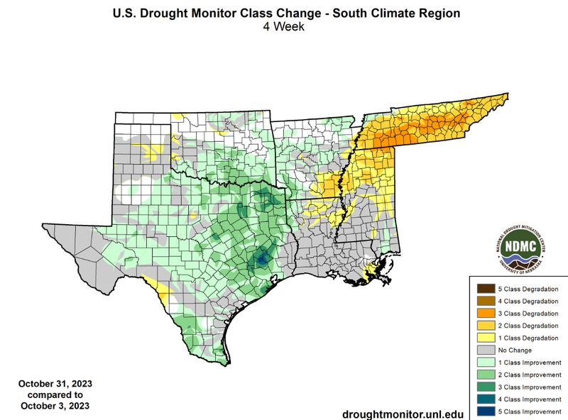 U.S Drought Monitor Class Change Map for October, Southern Climate Region