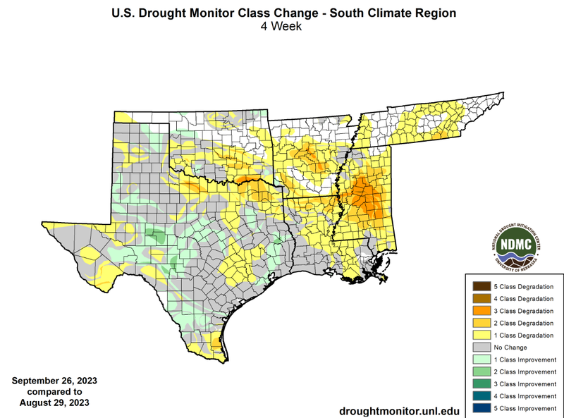U.S Drought Monitor Class Change Map for September, Southern Climate Region