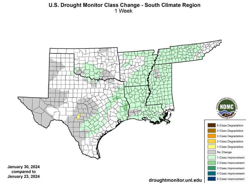 U.S Drought Monitor Class Change Map for Southern Climate Region, Valid January 30th