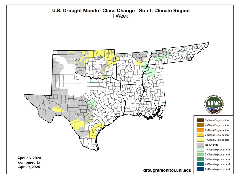 U.S. Drought Monitor Class Change for the Southern Region for April 16th, 2024