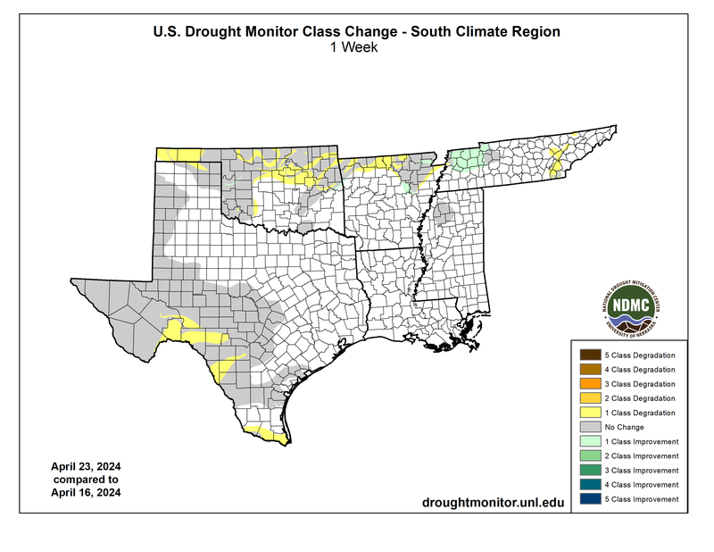 U.S. Drought Monitor Class Change for the Southern Region for April 23rd, 2024