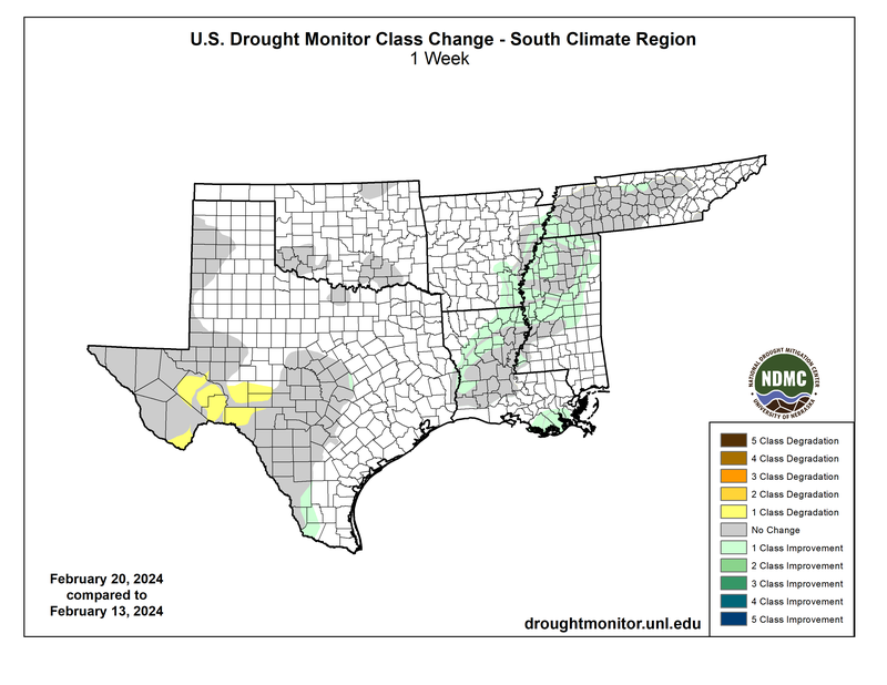 U.S. Drought Monitor Class Change for the Southern Region for February 20, 2024