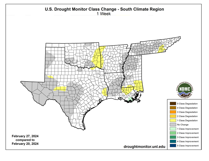 U.S. Drought Monitor Class Change for the Southern Region for February 27, 2024