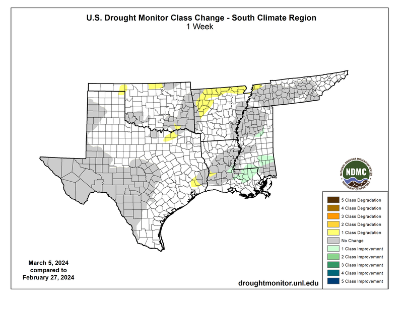 Drought Monitor 1 Week Class Change Map, Valid March 5th, 2024
