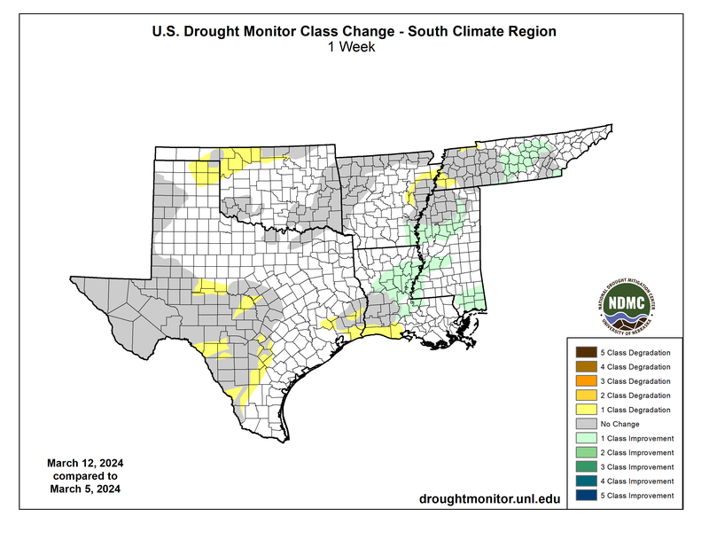 U.S. Drought Monitor Class Change for the Southern Region for March 17, 2024
