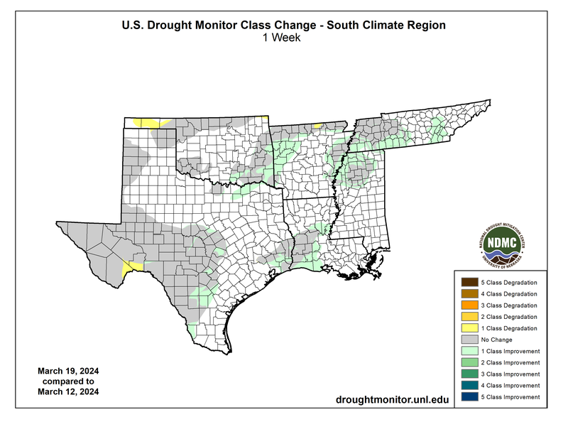 U.S. Drought Monitor Class Change for the Southern Region for March 22, 2024