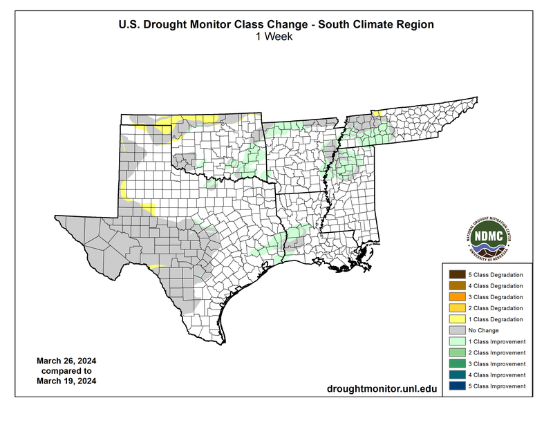U.S. Drought Monitor Class Change for the Southern Region valid March 26, 2024