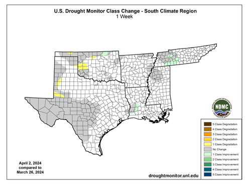 U.S. Drought Monitor Class Change for the Southern Region for March 4th, 2024