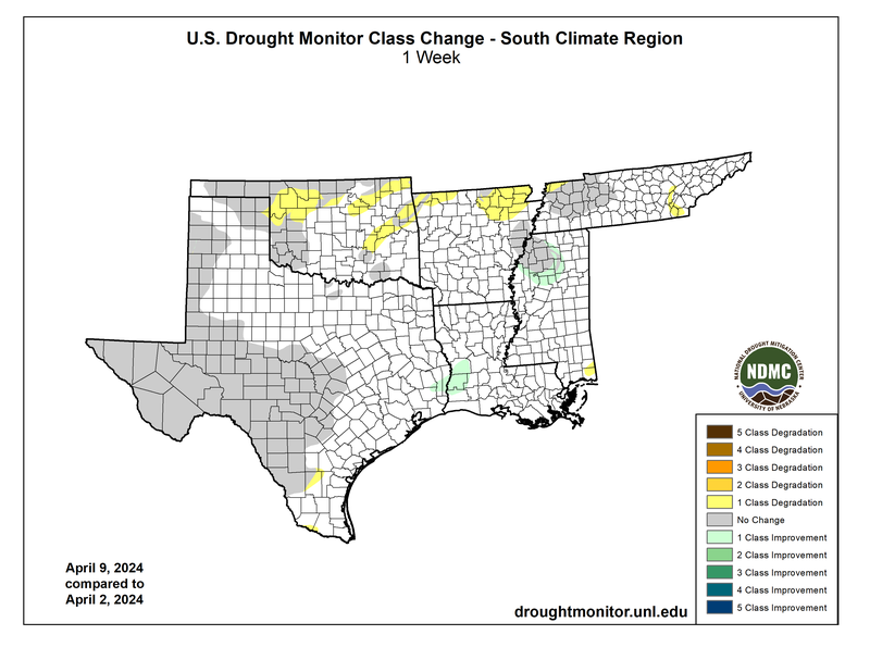 U.S. Drought Monitor Class Change for the Southern Region for April 11, 2024
