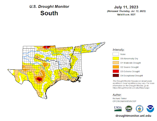 U.S Drought Monitor for the Southern Climate Region, Valid July 11th
