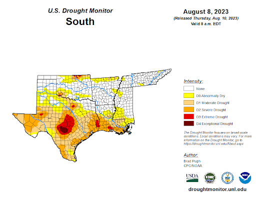 U.S Drought Monitor for the Southern Climate Region, Valid August 8th
