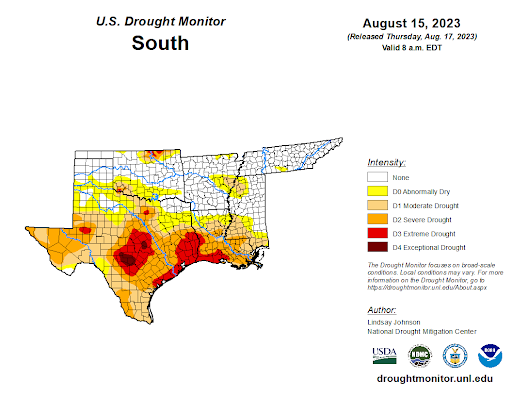 U.S Drought Monitor for the Southern Climate Region, Valid August 15th