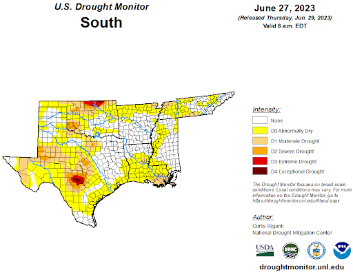 U.S Drought Monitor for the Southern Climate Region, Valid June 27th