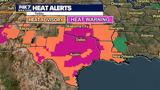 Map showing heat excessive advisories and warmings across Texas, Louisiana, Oklahoma, and Arkansas