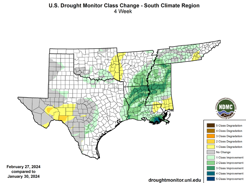 U.S Drought Monitor Class Change Map for February, Southern Climate Region