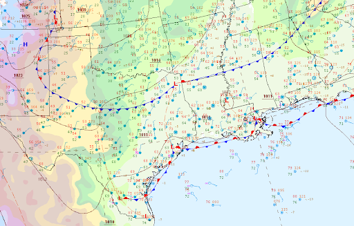 Surface Analysis depicting a stationary front along the Gulf coast