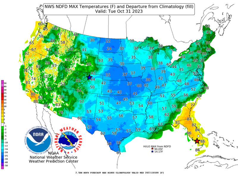 Map of the Unites States displaying Maximum Temperatures and temperature anomalies for Halloween
