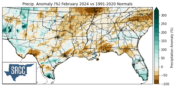 Graphic showing the precipitation anomalies across the Southern Region for February