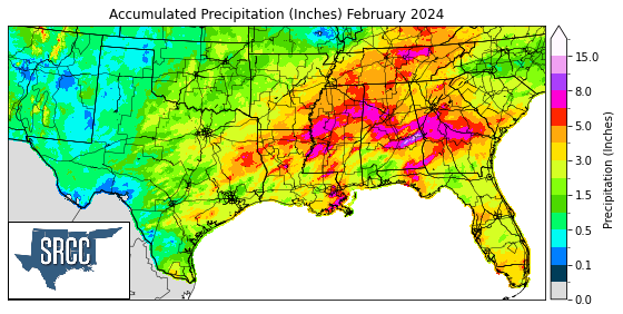 Graphic showing the accumulated precipitation across the Southern Region for February