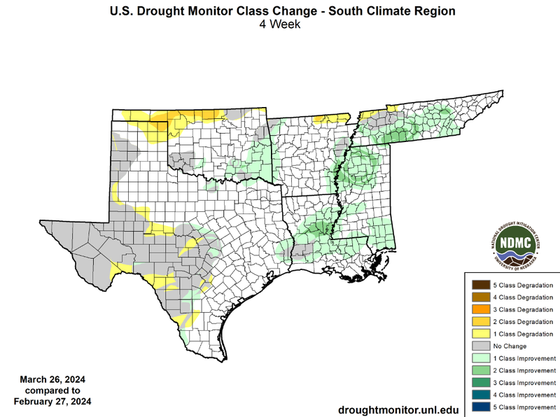 U.S Drought Monitor Class Change Map for March, Southern Climate Region