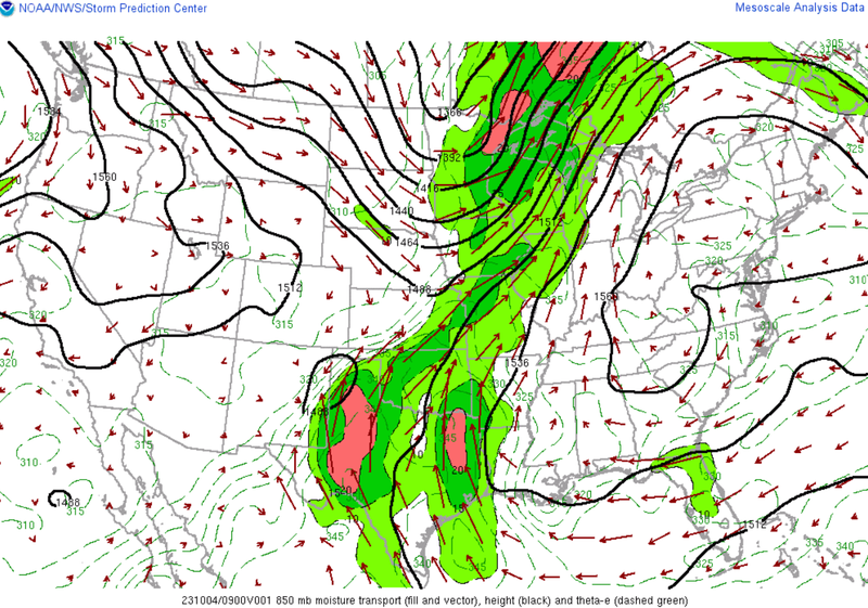 Map showing low level winds and moisture advection