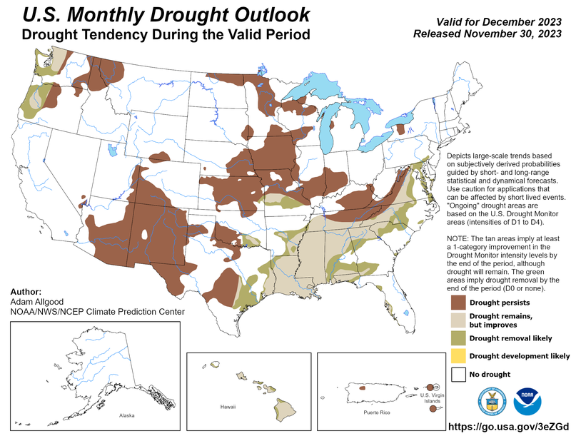 Map of U.S. Monthly Drought Outlook for Decemeber