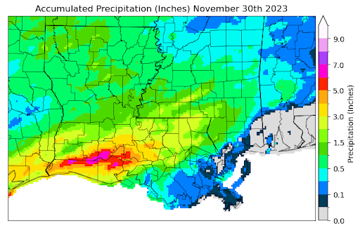 Map displaying accumulated precip for November 30th in Louisiana