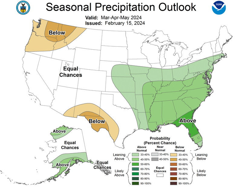 Climate Prediction Center&#x27;s Seasonal Precipitation Outlook, valid for meteorological spring