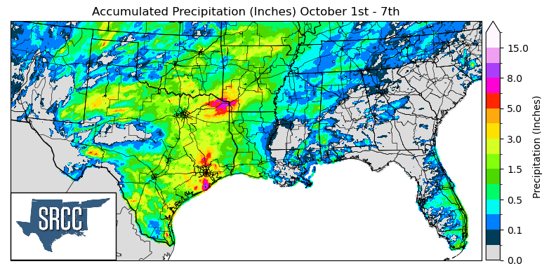 Graphic showing the precipitation anomalies across the Southern Region for October 1st - 7th
