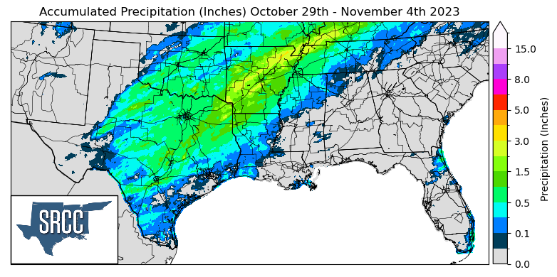 Graphic showing the accumulated precipitation across the Southern Region for October 29th - November 4th