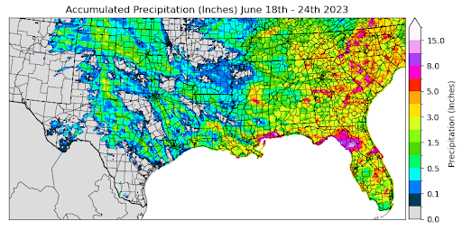 Graphic showing the accumulated precipitation across the Southern Region for June 18th - 24th