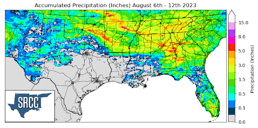 Graphic showing the accumulated precipitation across the Southern Region for August 6th - 12th
