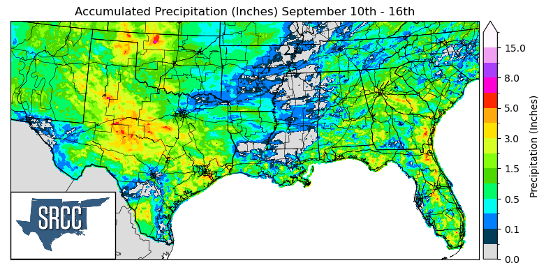 Graphic showing the accumulated precipitation across the Southern Region for September 10th - 16th