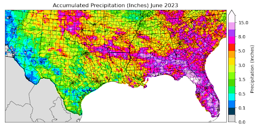 Graphic showing the accumulated precipitation across the Southern Region for June