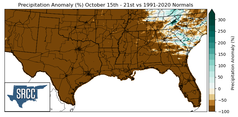 Graphic showing the precipitation anomalies across the Southern Region for October 15th - 21st