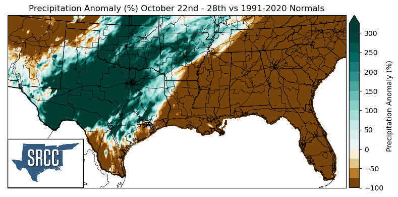 Graphic showing the precipitation anomalies across the Southern Region for October 22nd - 28th