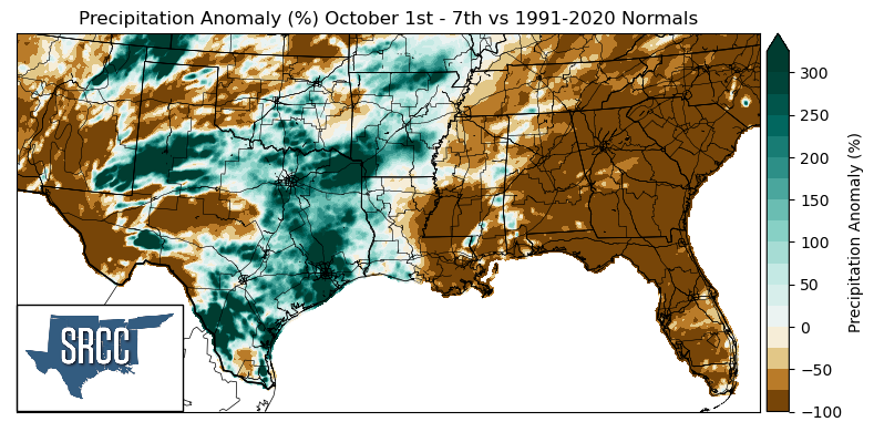Graphic showing the accumulated precipitation across the Southern Region for October 1st - 7th