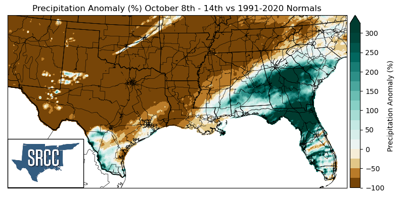 Graphic showing the precipitation anomalies across the Southern Region for October  8th - 14th