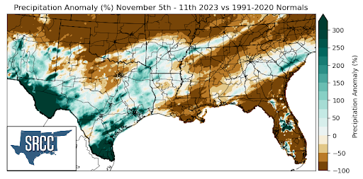 Graphic showing the precipitation anomalies across the Southern Region for November 5th - 11th